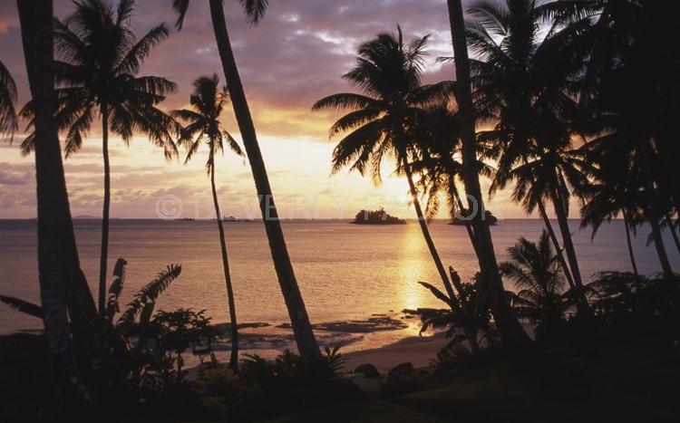 Island;Sunset;sky;clouds;sun;yelloew;water;red;palm trees;colorful;sillouettes;ocean;fiji